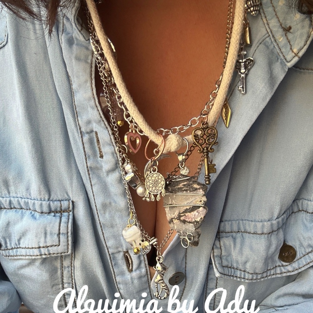Maximalism chunky ametrine heart rhodonite layered multi charms necklace - Picture 5 of 8